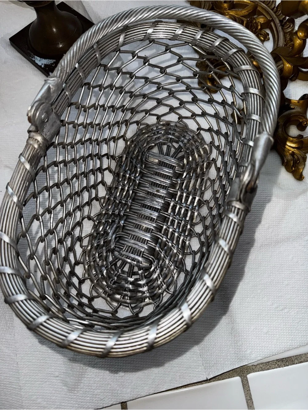 Metal Woven Basket Decorative Storage - Silver